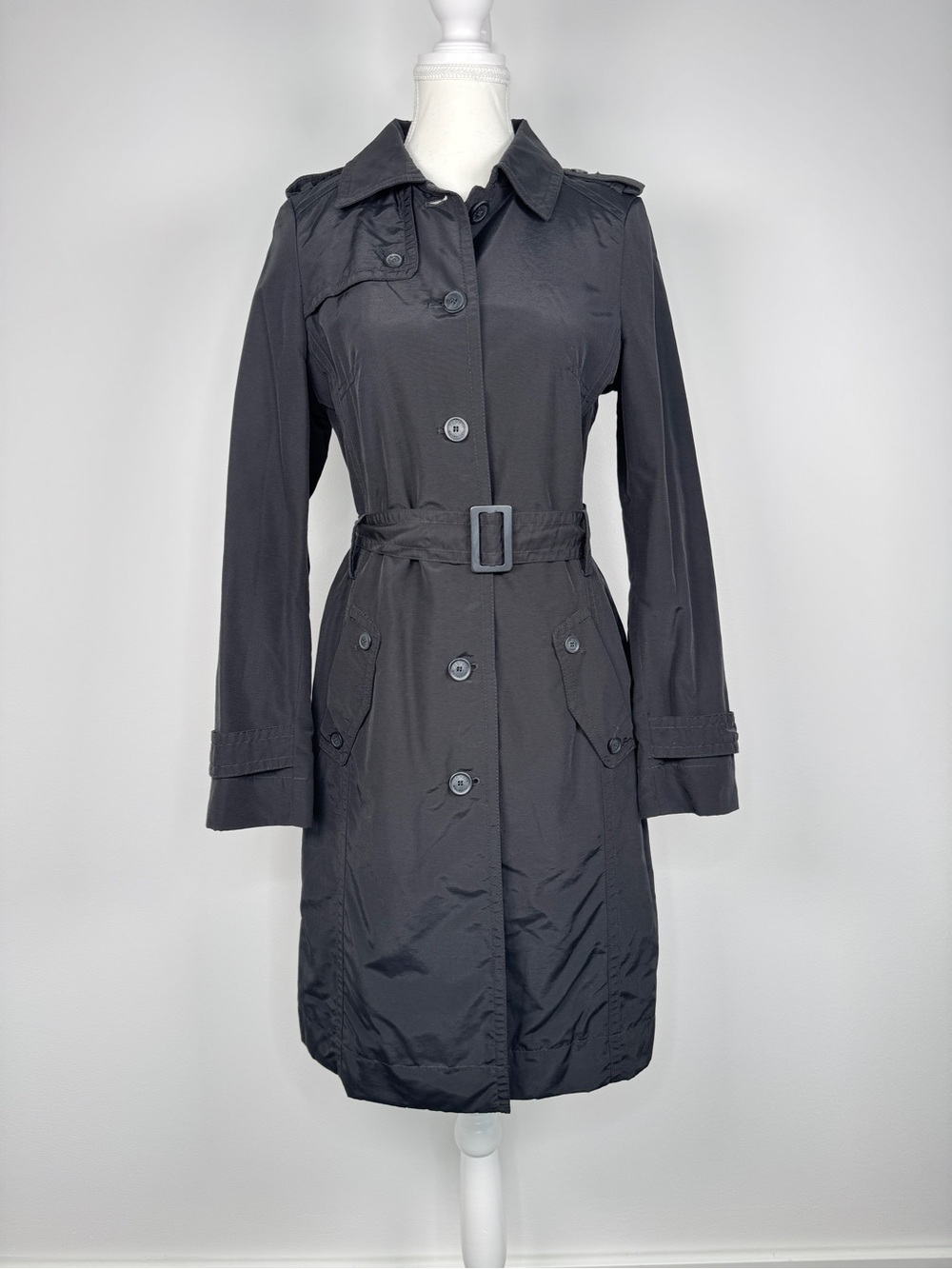 Vintage Y2K Esprit Collection Belted Trench Coat Size 8 Black Long Academia